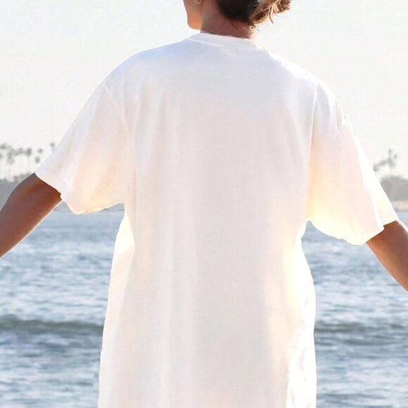 White Casual Women's Round Neck Short Sleeve Letter Print Loose Fit T-Shirt - Picture 2 of 6